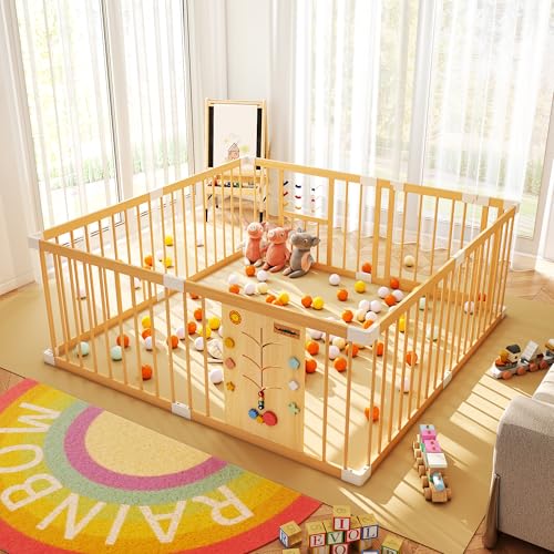 Image of Xilingol Wooden Baby Playpen with Locking Gate, Extra Large Playpen for Babies and Toddlers, Size Adjustable Activity Center for Children, Indoor Wooden Play Pen, Play Fence 63” × 63”× 24”