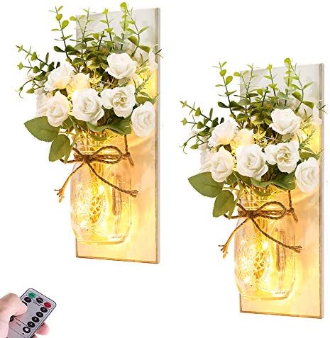 Rustic Wall Sconces Mason Jar Lights Handmade Wall Art Hanging Design with Remote Timer LED Fairy Lights and White Rose, Farmhouse Kitchen Decorations Wall Decor Living Room Sconces (Set of Two)