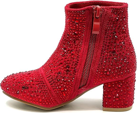 Forever Girls Rhinestone Boots Kids Low Heel Dress Booties Iceberg-12K Shoes Red Rhinestone 24