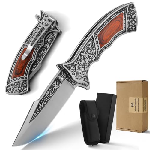 Image of DRACHENADER Pocket Knife with Sheath and Clip, 440C Stainless Steel Folding Knife 3D Retro Embossed Pattern, Gifts Christmas, Birthday, Father's Day (D-J37)