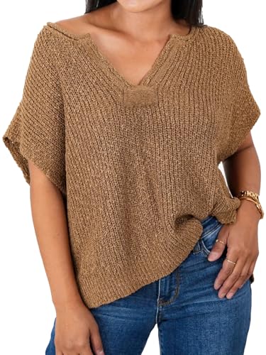 HOULENGS Women's Summer Cap Sleeve Sweaters Casual V Neck Lightweight Sweater Trendy Knit Pullover Tops4