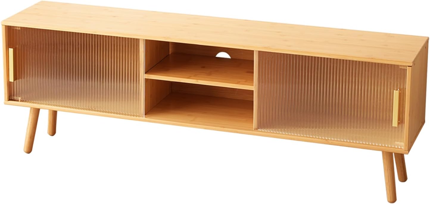 Bamboo TV Stand Entertainment Center- Mid-Century Modern Television Stand for 55-65 inch TVs, Bamboo Media Console Table, Open Storage Shelves for Living Room, Bedroom and Home Decor