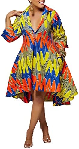 EQQZD African Vintage Dress for Women 3/4 Sleeve High Waist V Neck Casual Printed Shirt Dresses with Pockets
