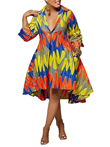 Eqqzd African Vintage Dress For Women 3/4 Sleeve High Waist V Neck Casual Printed Shirt Dresses With Pockets #TOP23