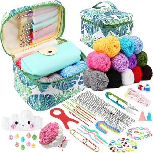 Felirzavy Crochet Kit 88Pcs for Beginners Adults Knitting Kit Crochet Starter Kit with 12 Yarn Balls Canvas Tote BagCrochet Hooks 2-6mm Crochet Hook Set DIY Knitting Tool Accessories for Mothers