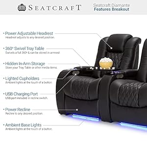 Seatcraft diamante home theater seating living room power recline italian leather powered headrests cupholders usb charging ambient lighting arm storage single recliner black  urban country home decor