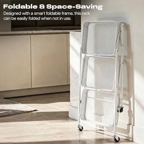 Image of Multipurpose Foldable Kitchen Storage Trolley | Heavy Metal 3-Tier Utility Cart for Storage | Portable Cart for Kitchen, Bedroom, Office | Kitchen Rack with Lockable Wheels (White)