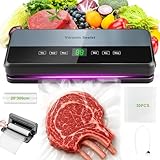Machine Sous Vide Alimentaire 6 en 1, Sous Videuse Alimentaire pour le Mode Sec/Moist Avec Tuyau D'aspiration D'air, Coupeur Intégré et Rangement du Sac, 1 Rouleau de Sacs, 30 Sacs