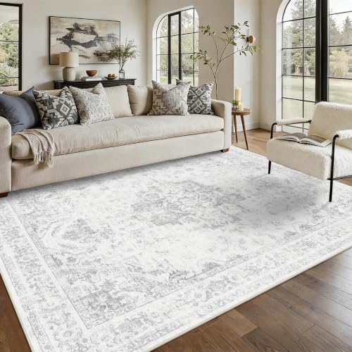 DUIDY 6x9 Washable Bedroom Area Rug Non-Slip Medallion Gray Large Carpet