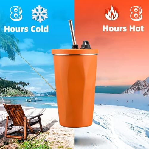 Image of YELONA 600 ml Vacuum Insulated Tumbler with Retractable Straw | Stainless Steel Portable Mug for Hot & Cold Beverages | Leak-Proof, Twist-Off Lid Flask for Coffee, Tea, Juices & More - Hot Orange