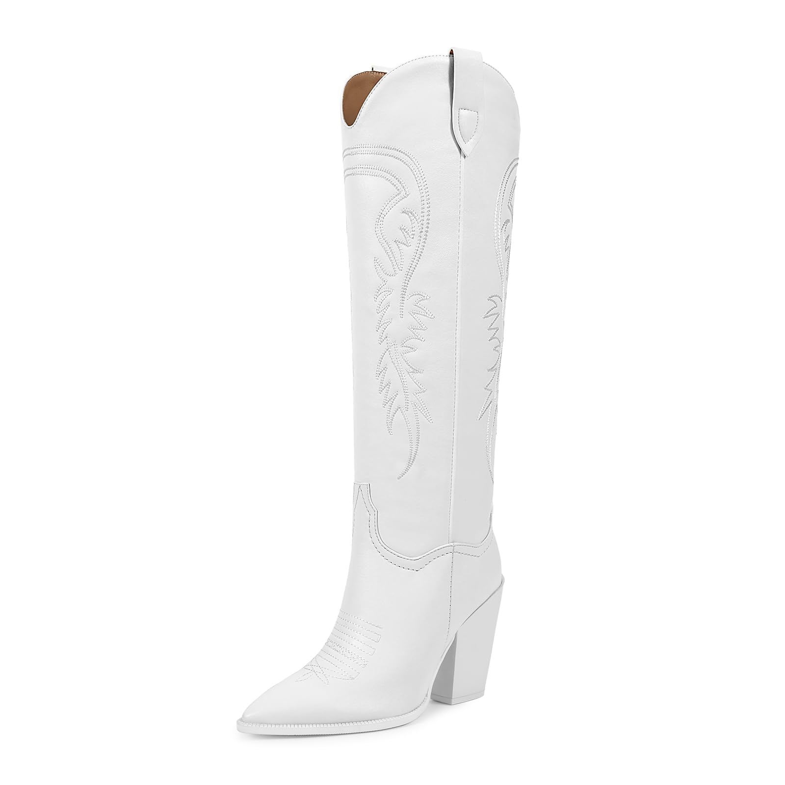 ISNOM Women's Cowgirl Boots Pull On Knee High Boots, Cowboy Western Embroidered Chunky Block Heel Pointed Toes Boots