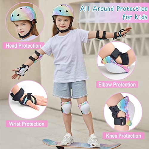 Fioday Kids Helmet Knee Pads For Kids Unicorn Knee And Elbow Pads Wrist Guards Adjustable Protective Gear Set For Girls Boys Sports Skateboard Inline Skating Scooter, Rainbow, 3-8 Years #TOP1