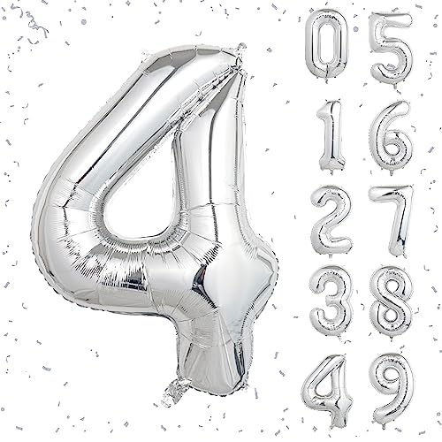 Image of 40 Inch Silver Number Balloons, Helium Mylar Foil Number Balloons for Birthdays, Number 4 Balloon for Party Wedding Bachelorette Birthday Bridal Shower Graduation Anniversary Celebration Party Decorations Supplies