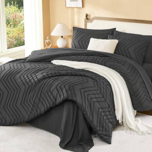 Image of Litanika Dark Grey Full Size Comforter Set with Sheets - 7 Pieces Bed in a Bag Full Tufted Complete Bedding Sets with Comforter, Sheets, Pillowcases & Shams
