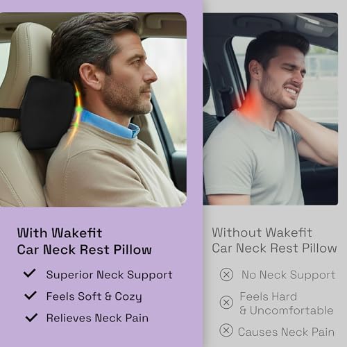 Image of Wakefit Car Neck Rest Pillow | 10.7x4.7x3.5 Inch | Memory Foam Neck Support Cushion for Car Seat | Ergonomic Head & Shoulder Support | Universal Fit | Smooth Washable Cover | 2 Year Warranty - Black