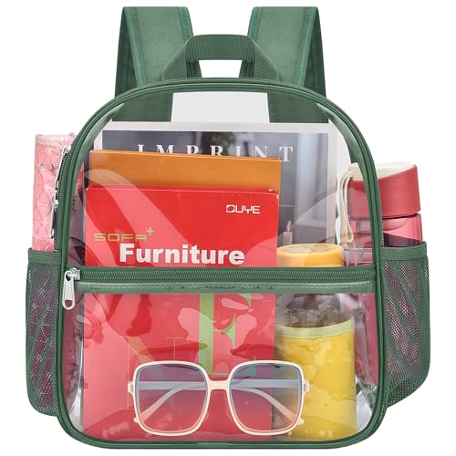 Image of Busiuw Clear Backpack for Stadium Events 12x12x6 Mini Small Sports Fan Backpacks with Front Pocket for Concert Sport Events Work Travel(Forest green)