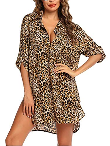 ORANDESIGNE Femmes Tunique Bikini Cover Up Plage Robe Maillots de Bain V-Cou Bikini Cache-Maillots Chemise Robe B-Léopard 3XL Cover