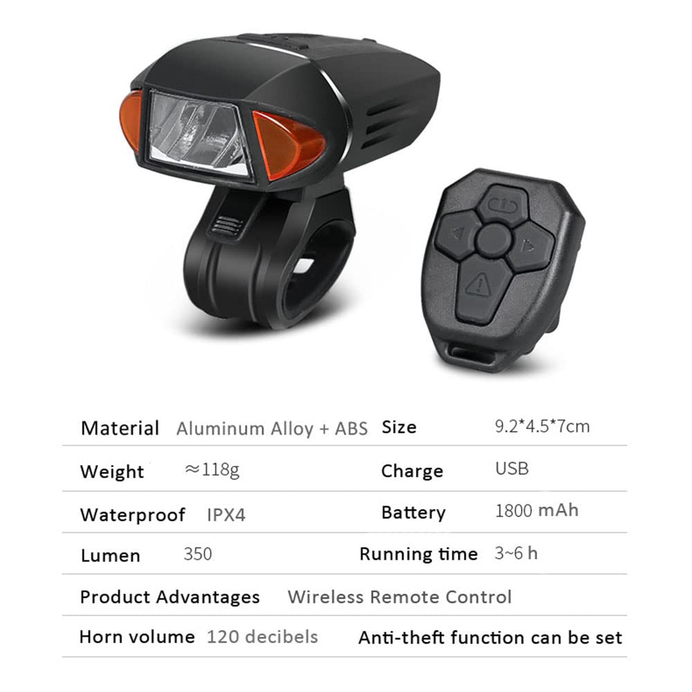 Faro Anteriore per Bicicletta a LED Nero Ricaricabile Tramite USB, con Telecomando, indicatori di direzione e clacson. Accessori per Ciclismo.