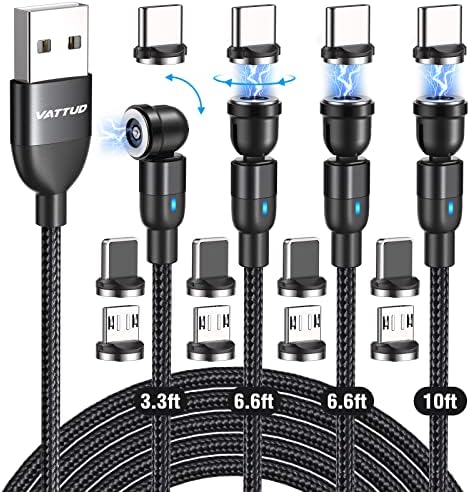 Vattud Magnetic Charging Cable 4-Pack (3.3ft/6.6ft/6.6ft/10ft), 540 Degree Rotating Magnetic Phone Charger Cable, 3 in 1 Nylon Braided Magnetic USB Cable for Type C, Micro USB