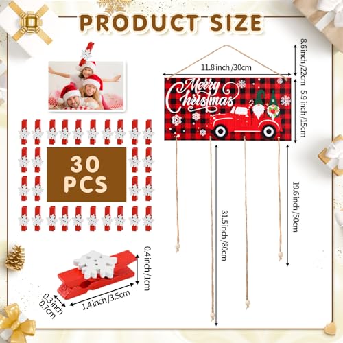 Christmas Card Holder Wooden Merry Christmas Wall Hanging Picture Holders with 30 Snowflake Wooden Photo Clips Picture Holder for Wall Xmas Greeting Card Display for Christmas Home Party Wall Decor - Image 3