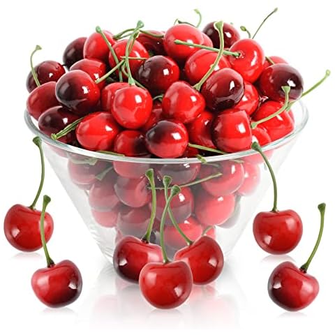 HUIANER 100pcs Artificial Cherries, 50pcs Lifelike Red Cherries 50pcs Fake Red Black Cherries Fake Fruit Model Home House Kitchen Party Decoration Desk Ornament Cover