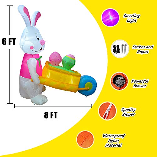 SEASONBLOW 6 FT LED Light Easter Inflatable Rabbit Pushing Wheelbarrow with Eggs Decorations for Yard Lawn Garden Home Outdoor Indoor Holiday Decor