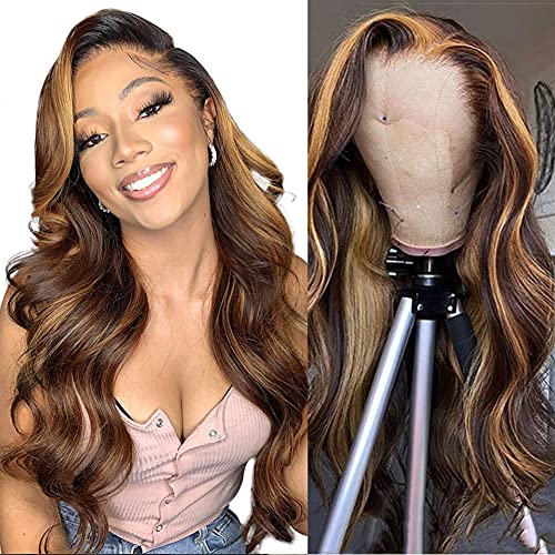Glueless Ombre Brown Lace Front Wig Human Hair 4/27 Highlight 13x4 Body Wave Lace Front Wigs Pre Plucked With Baby Hair Bleached Knots 150% Density Human Hair Wig for Black Women(24 Inch)