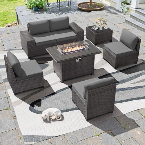 Image of 7 PCS Outdoor Patio Furniture Set,Outdoor Sectional Furniture with 43 inch 55000 BTU Gas Propane Fire Pit Table,All Weather PE Rattan Wicker Patio Conversation Set,Grey