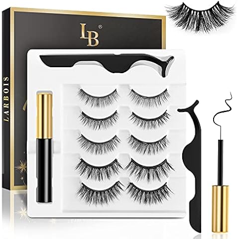 Magnetic Eyelashs Natural Look, Larbois 5 Paires Magnetic Eyelashes with Eyeliner Kit, Self Adhesive&Reusable Fluffy Fake Eyelashes Set and Waterproof&Long Lasting Magnetic Eyeliner, No Glue Needed Cover