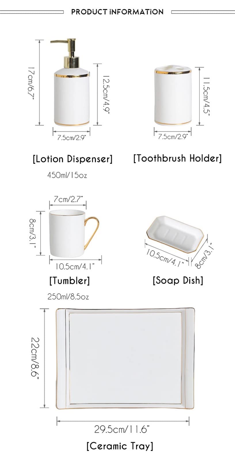Zestaw akcesoriów łazienkowych z tacą ceramiczną Klasyczny złoty brzeg Porcelana kostna Łazienka 6-częściowy zestaw przyborów toaletowych Zestaw wyposażenia łazienki Kubek toaletowy do płukania ust