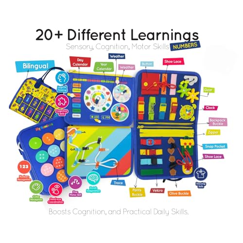 Image of Sensory Activity Boards for Autism, ADHD, SPD (Sensory Processing Disorder) - Social Emotional Learning - Buckles Buttons Shoelace. Montessori Motor Skills - Travel (Numbers)