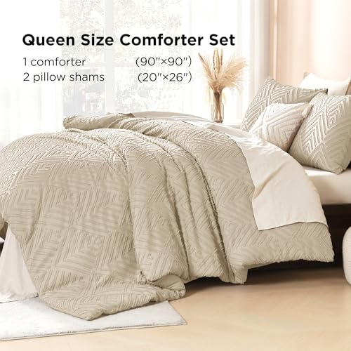 Image of Litanika Khaki Queen Comforter Set, 3 Pieces Tufted Boho Farmhouse Bedding Comforter Sets, Lightweight Fluffy Comforter Bed Set for All Season (90x90In Comforter and 2 Pillowcases)