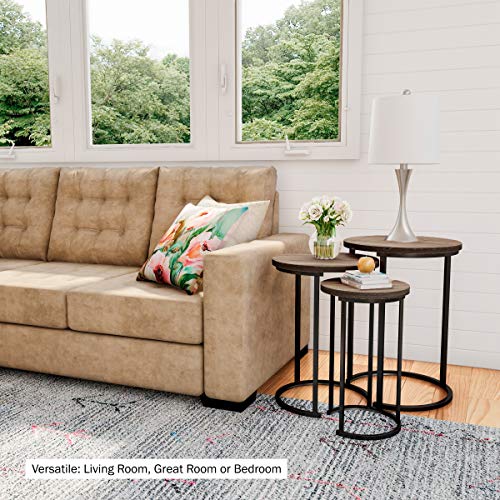 Lavish Home 80-FNT-4 Set Of 3 Round Living Room End Tables – Modern Woodgrain-Look And Black Metal Base Nesting Tables Or Nightstands thumb #4