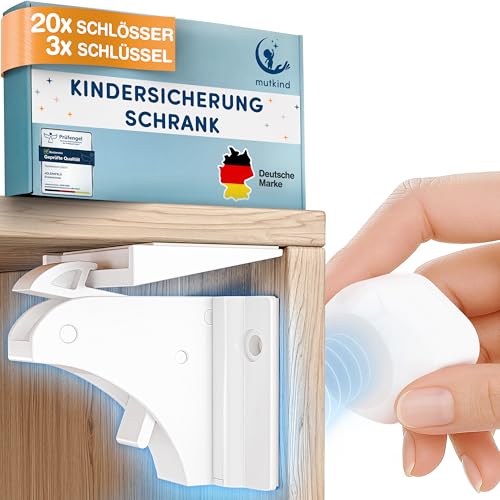 MUTKIND® 20x Magnetische Kindersicherung (Mit starkem TESA-Kleber) + 3x Schlüssel - 100% unsichtbare Kindersicherung Schrank und Schubladen - Schubladensicherung & Schranksicherung Baby ohne Bohren