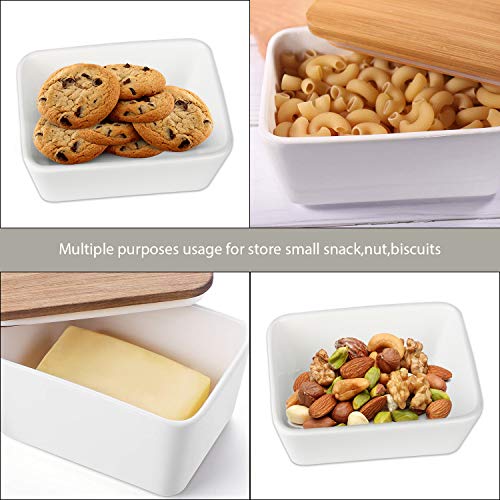 Butter Dish, OAMCEG Porcelain Ceramic Butter Container, Large Butter Keeper with Wooden Lid and Steel Knife, Airtight Butter Storage Container with Cover Holds Up to 2 Sticks of Butter