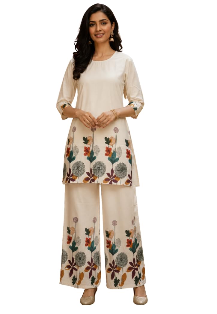 The Souled Store Women's Khadi Cotton Kurta and Palazzo Set | Stylish Matching Top and Bottom Kurta Set | Round Neckline and Floral Print | Loose-Fit Top with a Relaxed Silhouette | Co Ords in neutral