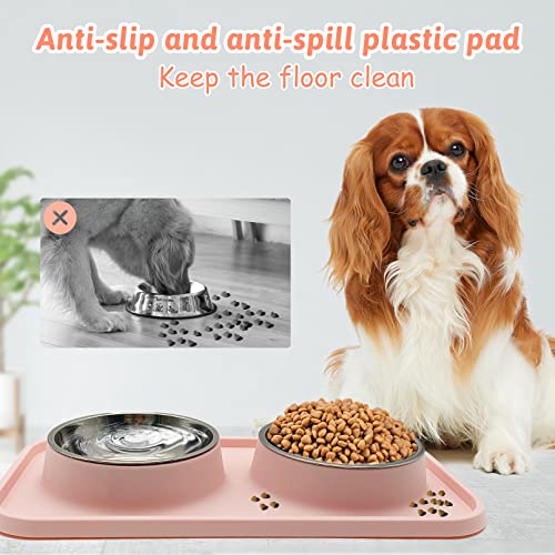 BNOSDM Double Dog Food Bowls Stainless Steel Dog Food and Water Bowls with Non-Spill Plastic Mat Pet Cat Feeder Bowl Set for Puppy Cats Kitten Small Medium Dogs Pink - Image 4