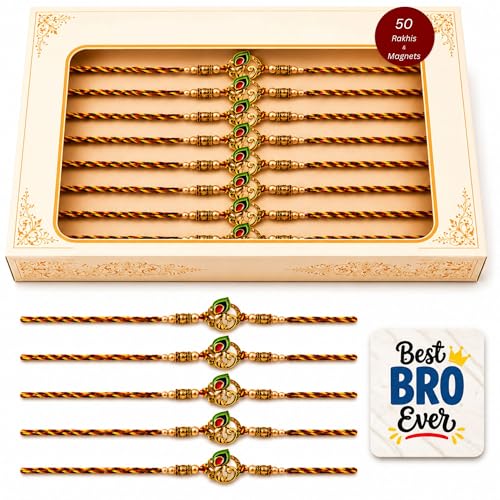 Image of eCraftIndia Pack of 50 Golden Peacock Colorful Feathers Designer Rakhi for Brother Bhaiya Bhai | 50 Best Bro Ever Fridge Magnets | Roli Chawal Pack | Raksha Bandhan Gift Set
