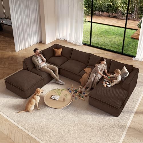 Image of Vesgantti 141.7 inch Oversized Modular Sectional Sofa, Modern 7 Seater Boneless Couch with Chaise and Ottoman, Deep Seat Plush Corduroy Cloud Style for Living Room, No Assembly Required,Brown