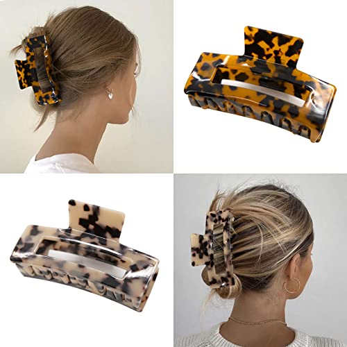 4Pcs Large Hair Claw Clips, 4.1 Inch Big Acrylic Hair Clips For Thick Hair, Tortoise Shell Hair Jaw Clips Celluloid Claw Clips, Leopard Claw Hair Clips Non Slip Hair Accessories For Women And Girls (Rectangle, Brown And Beige) #TOP4