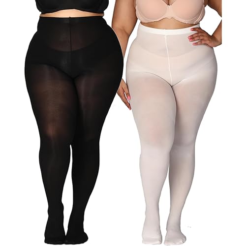 MERYLURE Plus Size Tights for Women Up To 6x, Semi Opaque Control Top Nylon Pantyhose, High Waist Solid Stockings