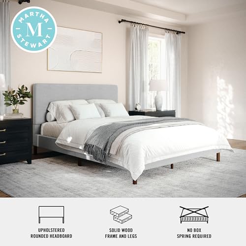 Image of Martha Stewart Britta Platform Bed with Headboard & Footboard, Faux Linen Upholstery with Piping Detail, Rounded Headboard, No Box Spring Needed, Queen, Gray