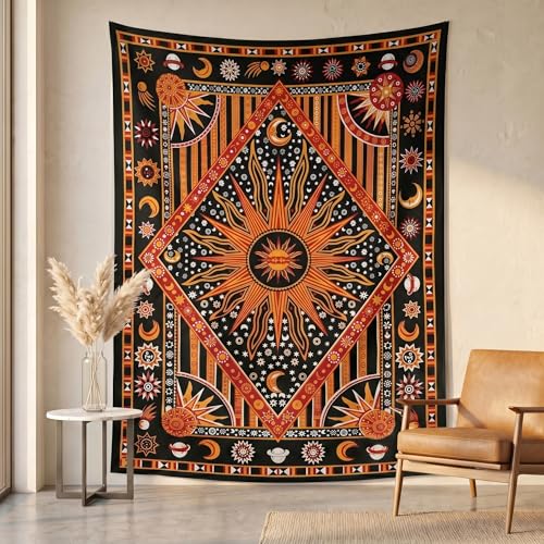 THE ART BOX Soleil Lune Hippie Mandala Brûlant Soleil Psychedelic Tapisserie Orange - 140 x 210 cm Indien Coton Zodiaque Tenture Bohémien Céleste Tapisserie...