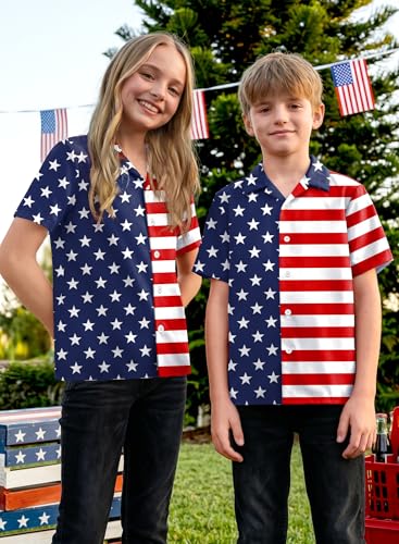 Image of BesserBay Unisex Kids 4th of July Shirt Girls Boys Patriotic Button Down Shirt American Flag Top 4-14 Years