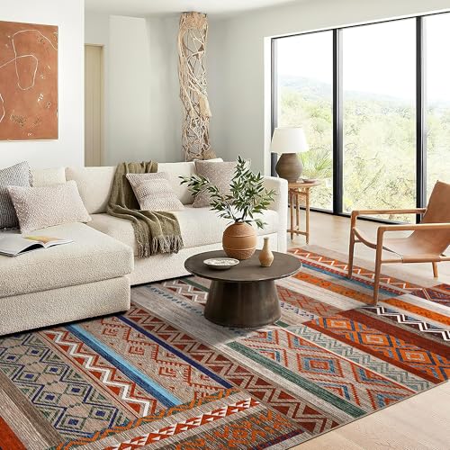 GarveeHome Vintage Living Room Rug 8x10 Beige Area Rugs Machine Washable Geometric Patchwork Carpet, Non-Slip Non-Shedding Foldable Tribal Floor Cover for Bedroom, Classroom, Dining Room, Kid Playroom