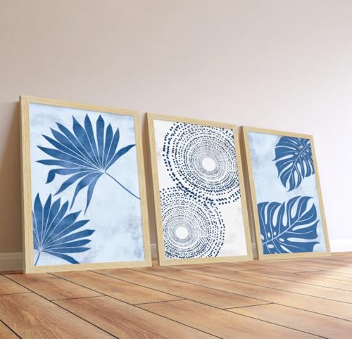 Image of ArtX Paper Boho Leaf Paintings For Wall Decoration, Abstract Home Decor Wall Art, Hotel Wall Painting for Living Room, Multicolor, Natural Wood Color Frames, 12.0x18.0 inch, Set of 3