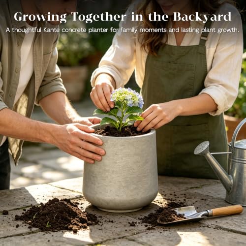 Image of Kante Weathered Concrete Planter 16.5 inch Dia All-Weather Round Large Pot | Handcrafted Cement Curved, Anti-Frost & UV Outdoors, Plug for Indoor, Lightweight & Durable, Modern Home, Garden, Porch