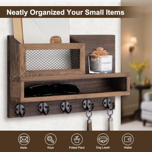 Image of PEDEX - Wall Unique Wooden Key Holder Organizer with Storage Shelf | Multipurpose Entryway Organizer for Keys, Sunglasses, Mail, Plants Great for use in entryways, hallways, Kitchens, or Offices