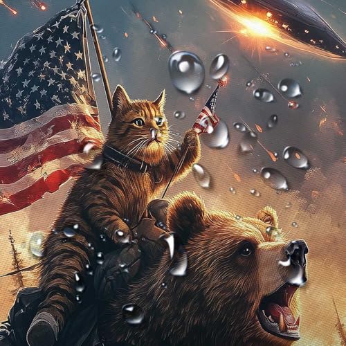 Image of Funny Bear Boys Shower Curtain, Cool Cat Riding Bear on Rustic Cabin Forest Woodland, Funky Anime UFO Spaceship Animal Shower Curtain Kids Men Boys Decor with Hooks, 70X75IN