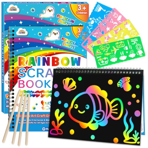 Image of ZMLM Scratch Paper Art Craft: 2 Pack Rainbow Scratch Set for 3 4 5 6 7 8 9 10 Years Old Girls Boys Students Drawing Coloring Black Magic Art Supplies Kits Gifts School Birthday Party Toys (Ocean)
